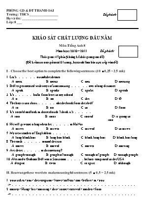 Đề khảo sát chất lượng đầu năm môn Tiếng Anh Lớp 8 - Năm học 2010-2011 - Phòng Giáo dục và Đào tạo huyện Thanh Oai (Có đáp án)